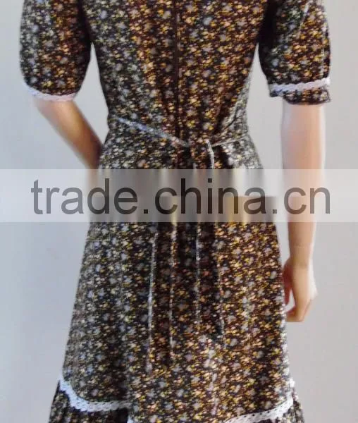 Summer French Petite Midi 70s Brown Vintage Women Casual One Piece Dress in Floral Print photo-4