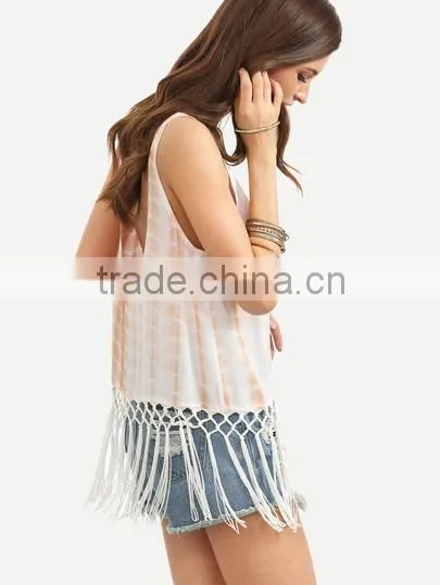 Tank-Tops&Camis Latest Fashion Design Women Clothing Apricot Fringe Hem Backless Tank Top