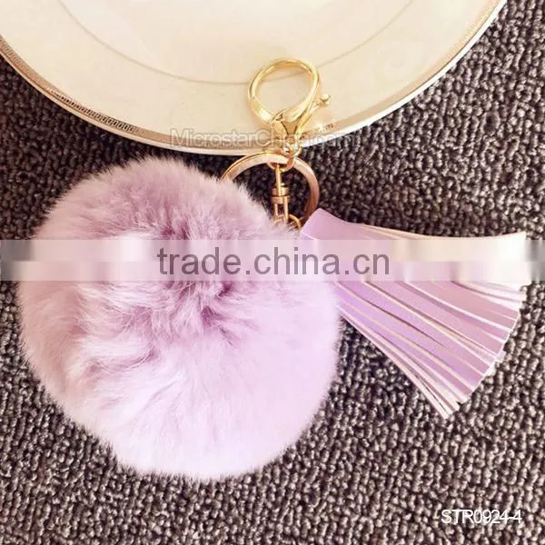 Promotion In Stock Rabbit Fur Ball Leather Tassel Key Chain photo-5
