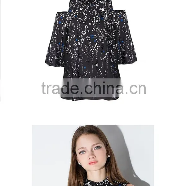 Slim V Neck Off Shoulder Sleeve Galaxy Printing Blouse photo-5