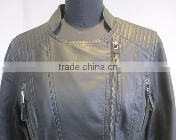 Faux Leather Jacket Women Cothing New 2015 Montage Patchwork Zipper Pockets PU Leather Jacket Fashion Autumn Winter Leather Coat photo-4