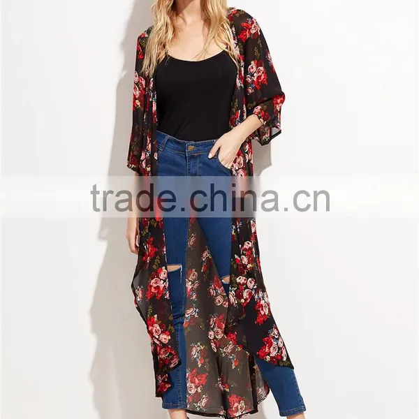 Custom Flower Print Women Soft Comfortable Beachwear Outwear Black Floral Longline Chiffon Kimono photo-3