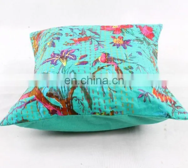 Indian Green Floral Kantha Cushion Cover Kantha Throw Pillow Cover Hand Stitched Kantha Cushion Cover Cotton Handmade photo-3