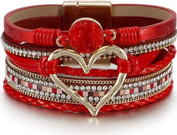 Leopard Bracelet for Women, Boho Leather Wrap Multi-Layer Pearl Crystal Bracelet Bangle Jewelry