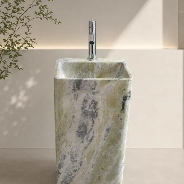 Hot Selling Modern Marble Stone Sink Pedestal Luxury Basin Bathroom Hand Wash Basin With Pedestal Square-shaped Marble Sink Home photo-2
