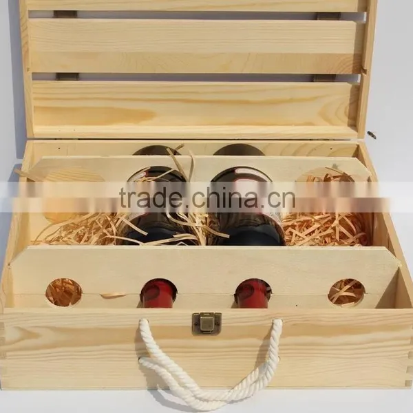 New Arrive Pine Wood Wine Box Wooden Wine Box 4 Bottles Accept Custom photo-2