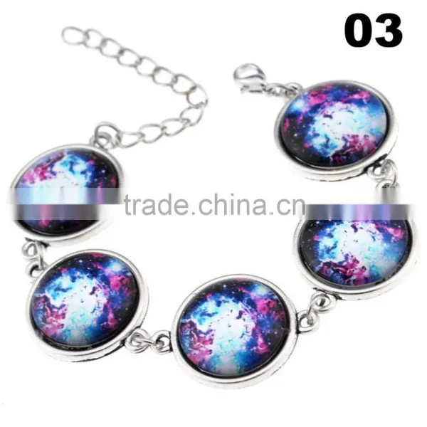 Wholesale Cabochon Glass Nebula Bangle -Galaxy Space -Novelty Metal Cuff Chain Bracelet photo-4