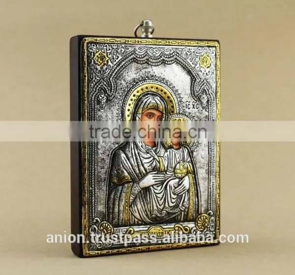 Greek & Russian Orthodox Wooden Icon. Mother God. Hodegetria. Silver. Made in Italy photo-3