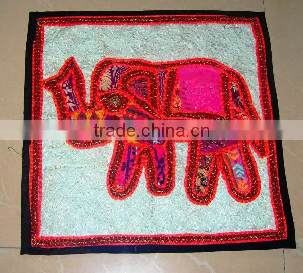 Vintage Elephant Motif Patchwork Designer Ethnic Traditional Tribal Hand Embroidered Tapestry 16 x 16 Inch