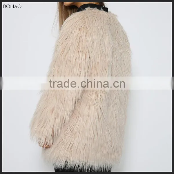 2015 New Fashion High Quality Long-haired Imitation Wool Women Winter Black Faux Fur Long Coat photo-4