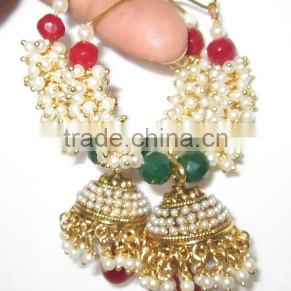 Red Green Pearl Hoop Bollywood Gold Tone Dangler Jhumka EARRINGS photo-3