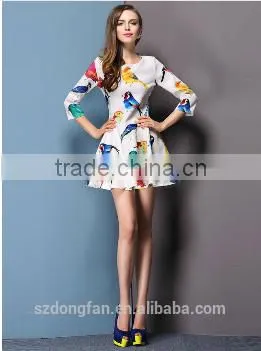 Casual 2015 Summer Style Sexy Bodycon Birds Print O Neck Pleated Party White Dress Women Vestidos Cheap Clothes China photo-4