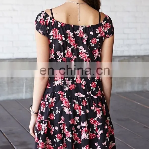 CHEFON Short Sleeve off Shoulder Allover Rose Print Tiered Women Smock Dress photo-3
