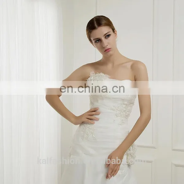 EB2627 Delicate A-Line Scoop Handmade Flower Top Lace Ruched Bridal Wedding Dress photo-3