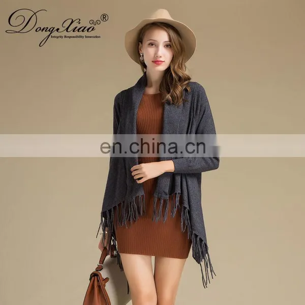 Latest Design Ladies Poncho With Tassel Solid Color Long Sleeves Cashmere Knitted Sweater for Autumn Short Length With Logo Back photo-4