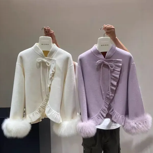 Autumn and Winter Woolen Overcoat, Fox Fur New Chinese-style Woolen Coat, Overseas Chinese Heiress Double-sided Woolen Overcoat, Chinese-style Woman