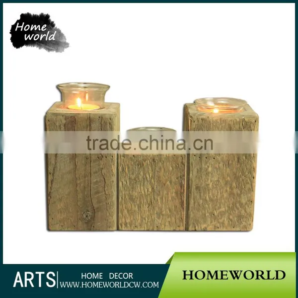 Natural Design Decorative Wooden Table Candle Holder With Glasses