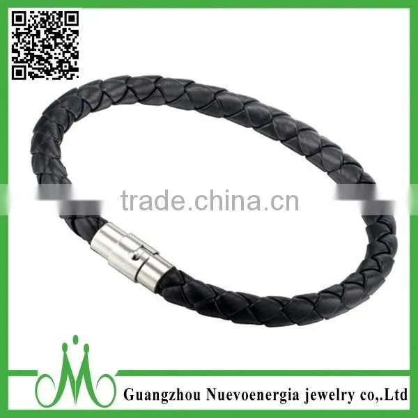 High Fashion Black Stainless Steel Wristband PU Genuine Leather Wide Mens Jewelry photo-6
