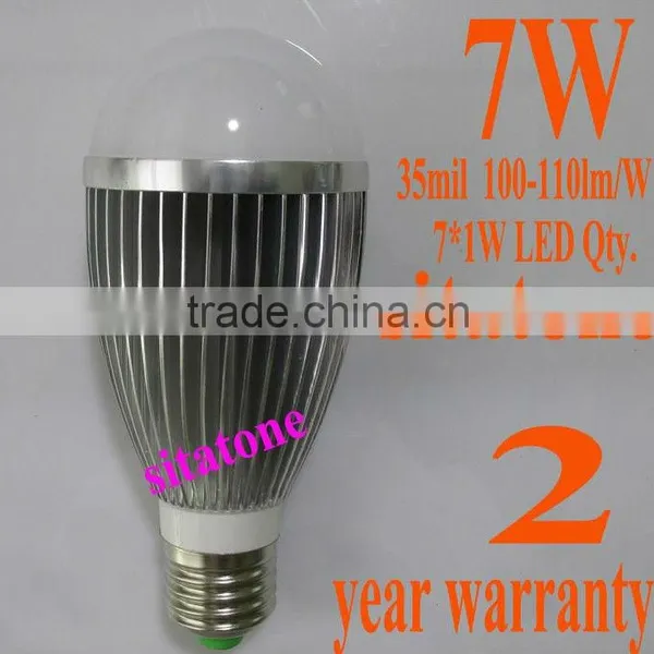 7W LED Bulb,2 year warranty Free shipping sale Polishing AC85-265V E27 B22 ,770LM,7*1w led lamp