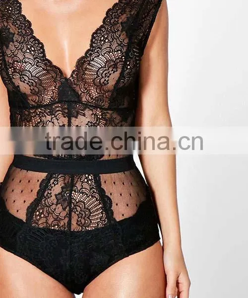 New Arrival 100% Polyester Lady Fashion Clothing Sexy Lace Black Women Bodysuit