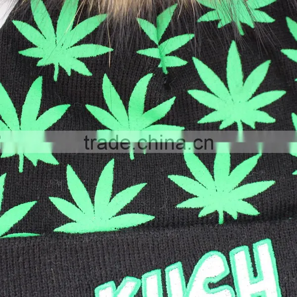 Myfur Adult Screen Green Leaf Printed Skull Hat With Real Fur Pom Pom photo-5