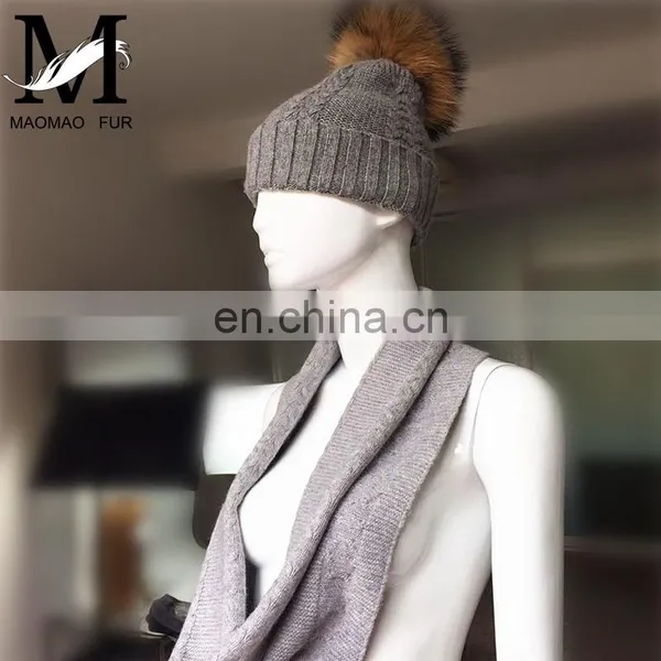 Whosale Fashion Winter Long Wool Knit Collar Real Top Pom Hat Scarf Attached photo-2