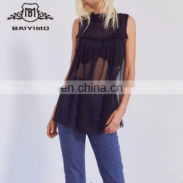 2017 Sexy Fashion Ladies Black Wave Point Chiffon Tank Top