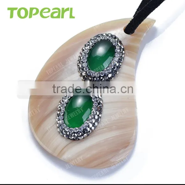 Topearl Jewelry Fashionable White Shell Pendant Rhinestones Clay Pave Green Agate Stone Pendant Designs for Women SPD07 photo-4