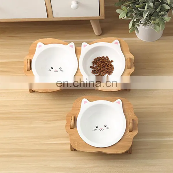 Eco Friendly Custom Designer Luxury Ceramic Stand Elevated Raised Dog Cat Pet Water Food Bowls & Feeders Bamboo Rack Frame photo-2