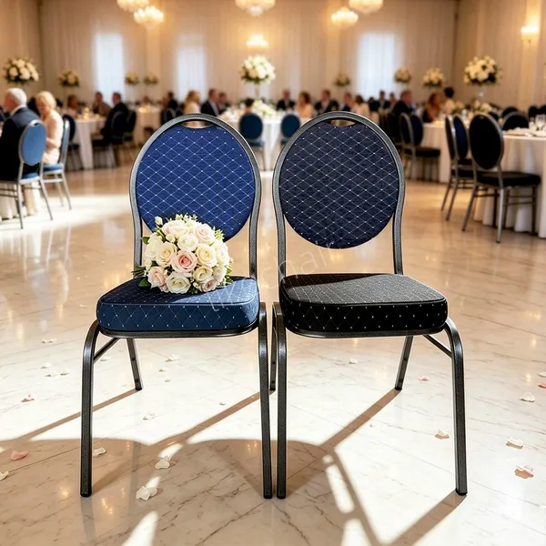Chaise de banquet en cadre de fer empilable confortable avec rembourrage haute densité, certifiée SGS TUV Intertek et avec une garantie de 5 ans