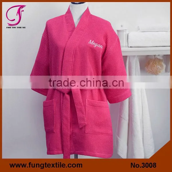 3009 Short Knee Length Cotton Bath Robes,Woman SPA Solid Waffle Cotton Robes photo-6