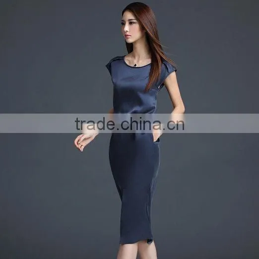 Women's Navy Short Sleeve Shift With Sash Neck Short Sleeve Slim Silk Midi Dress photo-3