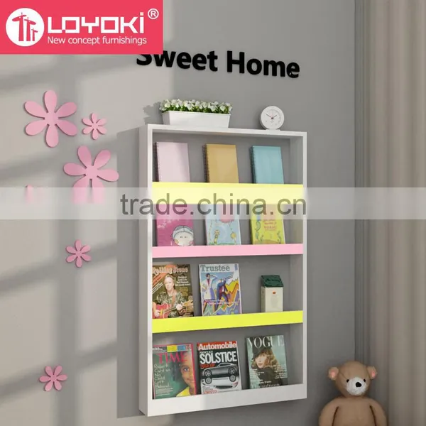 Lovely Colorful Wooden Kids Bookshelf / Kids Bookcase Design 4 Tiers Wall Mounted Bookshelf photo-5