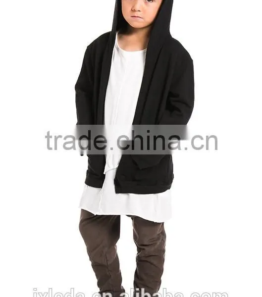 Children Open Front Black Hip Hop Hooded Coat photo-4