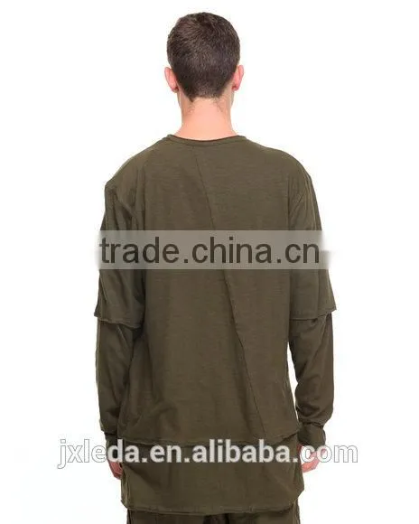 Pieced Layered Construction Raw Mens Athleisure Crew Neck Collar Longline Tees photo-4