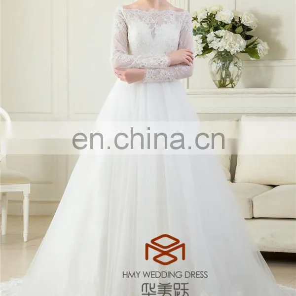 OEM Supply Muslim Long Sleeve Real Pictures Wedding Gown HMY-RP001 New Arrivals White Lace Appliques A Line 2015 Wedding Dress photo-3