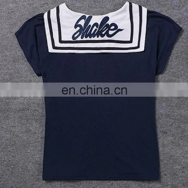 China Supplier 2016 Women Navy Blue Sailor Collar T-Shirt Lady Embroideried Blue Short Sleeve Tops photo-2