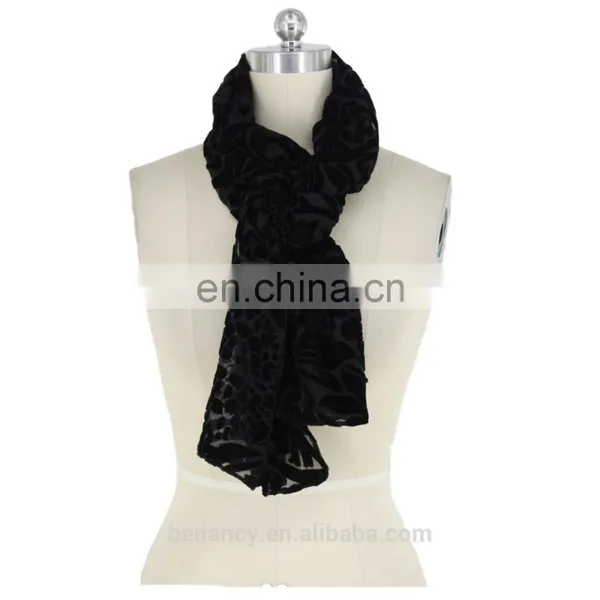 Black Burgundy Burnt Out Flower Pattern Velvet Silk Scarf For Muslin Hijab Ladies Scarves photo-3