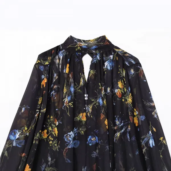 French Printed Loose Casual Hanging Neck Mid Length Dress for Women photo-2