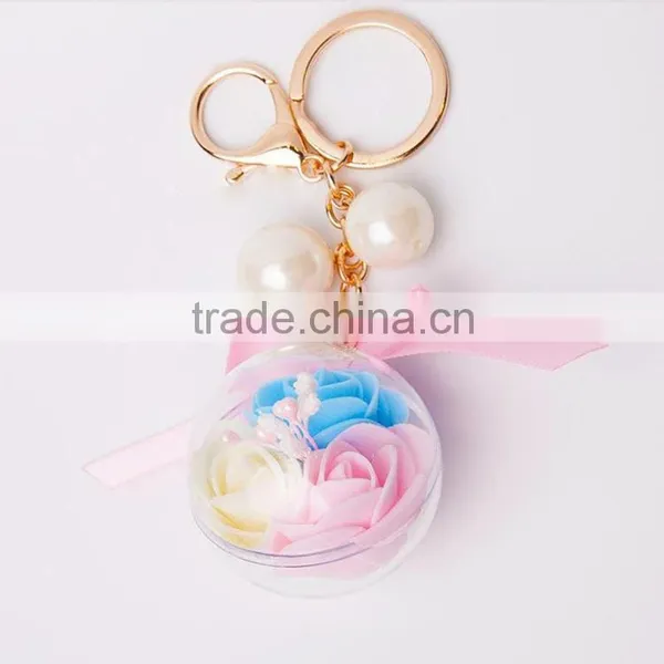 New Arrive Big Ball Inside With Crystal Flower Key Rings Pearl Keychain For Car Bag Key Chains Accessories photo-3