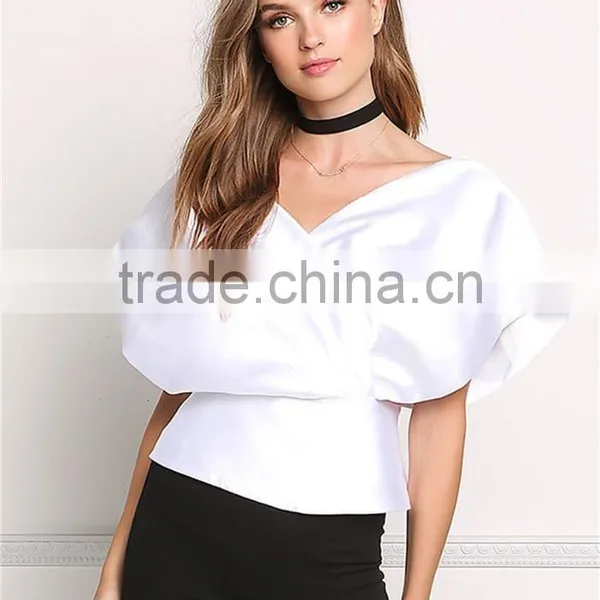 MGOO Custom Designs V Neck Tunic Fashion Cross White Satin Blouses 100% Polyester Sleeveless Tops photo-2