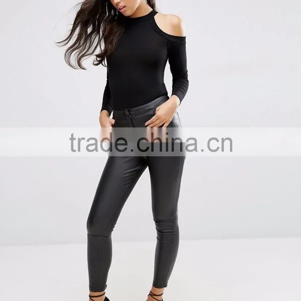 High Neck And Cold Shoulder Bodysuit Plain Black Spandex Tight Bodysuit Women Wholesale Price photo-5