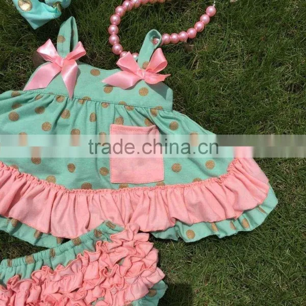 in Stock Golden Polka Dot Swing Top Sets Newborn Girl Clothes Kids Green Swing Top Sets With Necklace and Headband photo-2