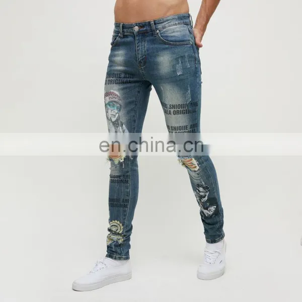 DiZNEW Spray Denim on Factory Wholesale Printing Dark Blue Fashion Mens Plus Size Pants & Jeans photo-4