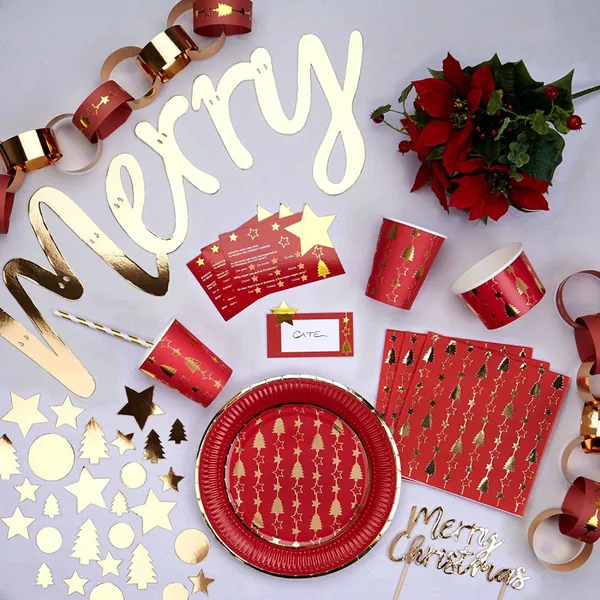 Ningbo PartyKing Dazzling Christmas Red and Gold Foil Trees Paper Tablewares Gold Dot Party Supplies Elegant Metallic Foil Tablewares