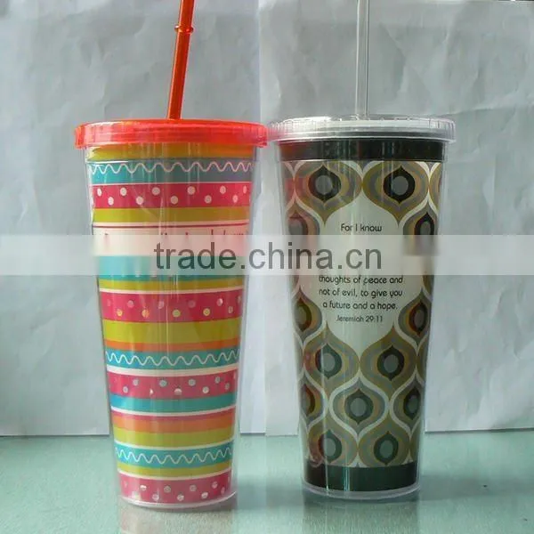 16oz Double Wall Plastic Mug With Straw and Lid and Paper Insert