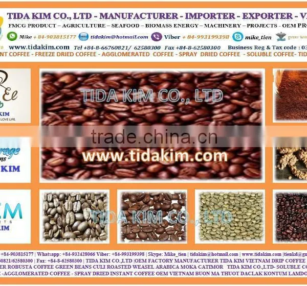 ROASTED COFFEE ARABICA ROBUSTA TIDA KIM VIETNAM -AGGLOMERATED SPRAY DRIED INSTANT COFFEE 100%- OEM SOLUBLE COFFEE MANUFACTURER