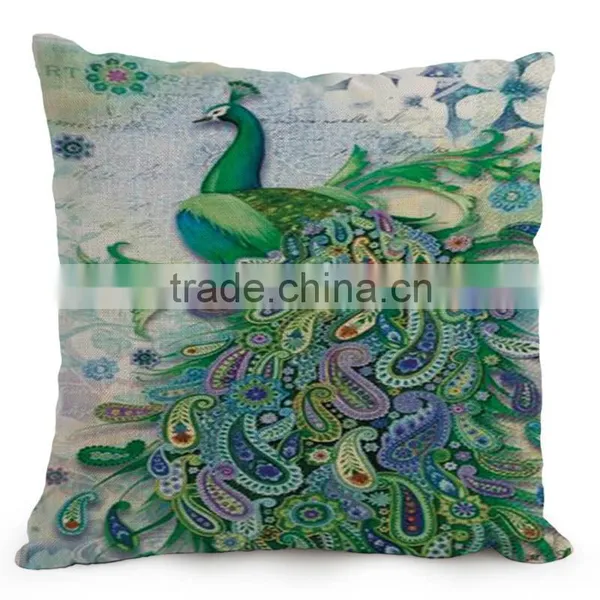 Beautiful Peacock Feather Linen Cushion Cover 45cm Throw Pillow Case Christmas Decoration for Sofa Bed Chair photo-2