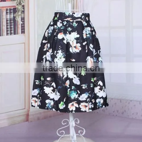 Elegant Ladies Summer Retro Floral Print High Waist Casual A-line Swing Skirt photo-3