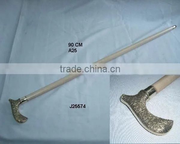 Brass Handle With Embossed Patterns Wooden Walking Stick